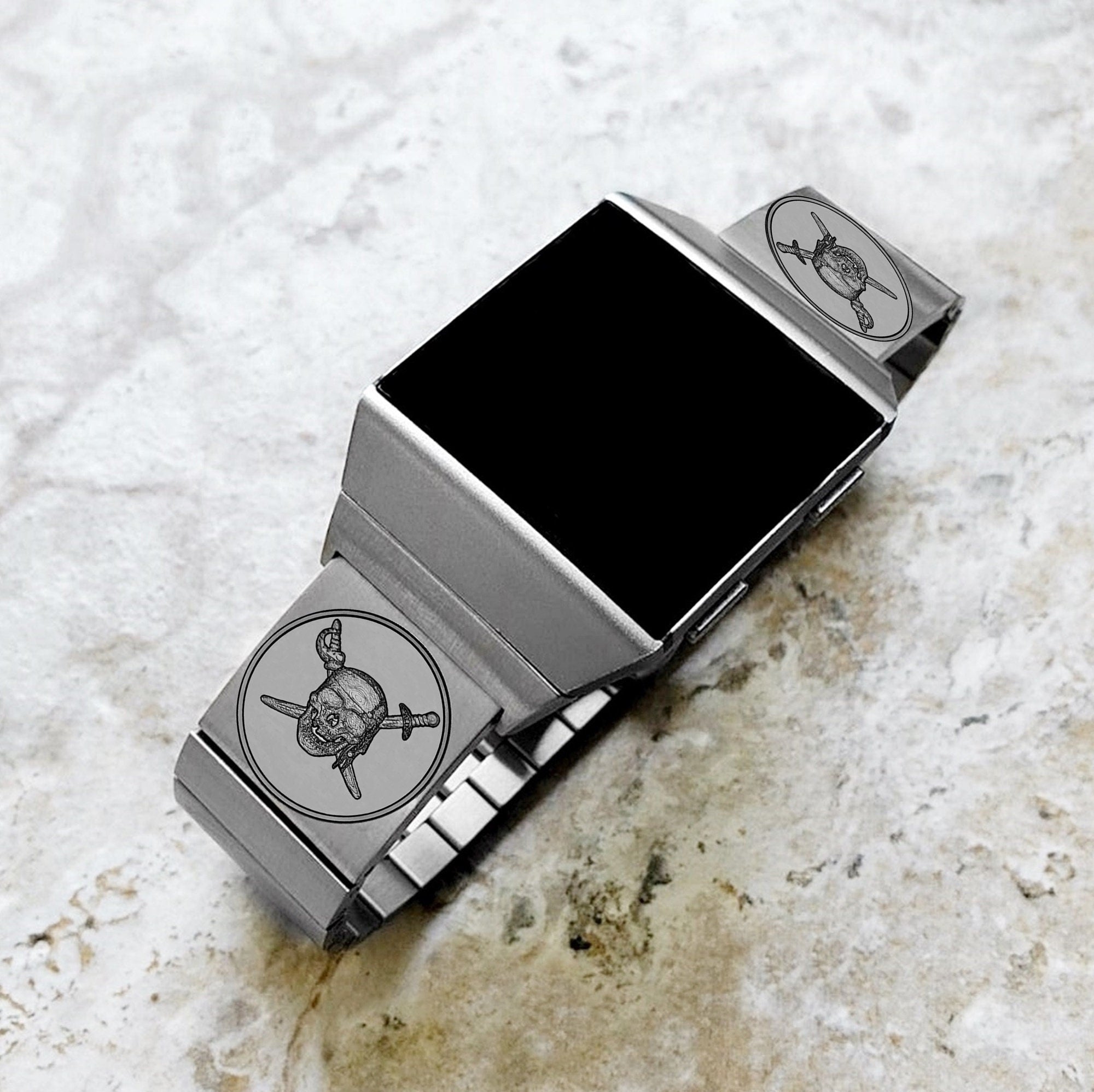 Engraved Watch Band Compatible with Fitbit Ionic Smartwatches Silver Color Stainless Steel Bracelet Strap with Quick Release Adapters PS2